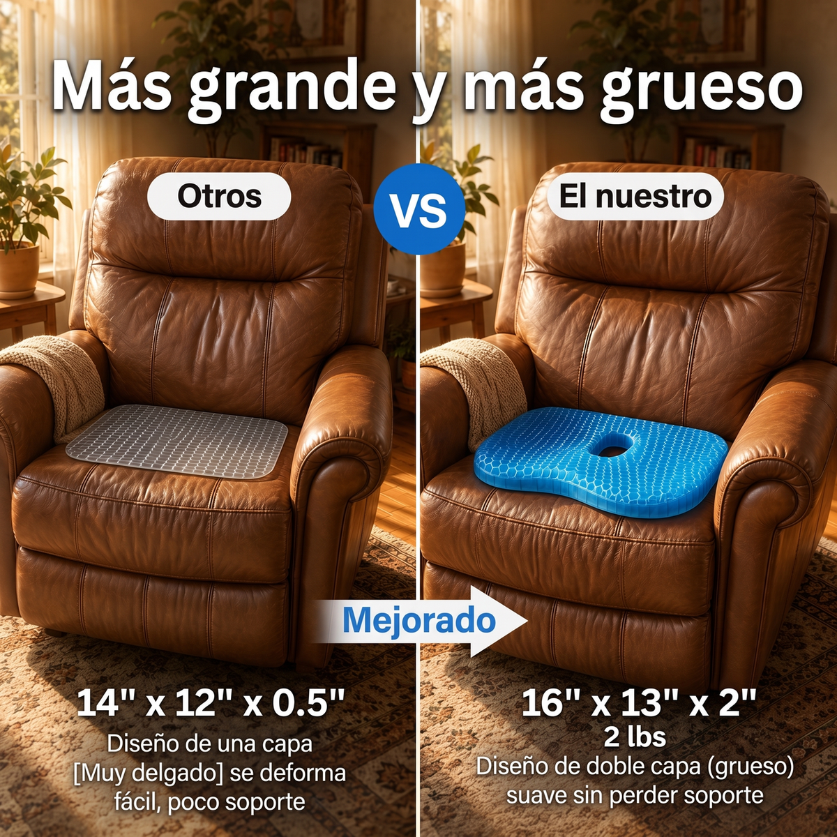 Comparación de tamaño: un cojín delgado de 14 × 12 × 0.5 pulgadas junto al cojín Vievanta de doble capa, más grueso, de 16 × 13 × 2 pulgadas