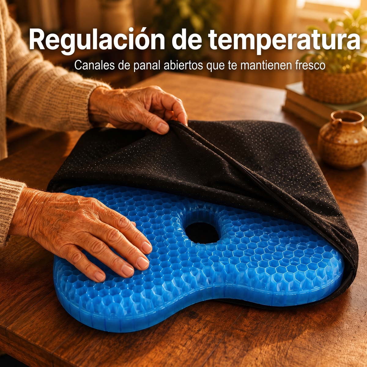 Manos quitando la funda negra lavable del núcleo de gel azul en panal, mostrando los canales de ventilación