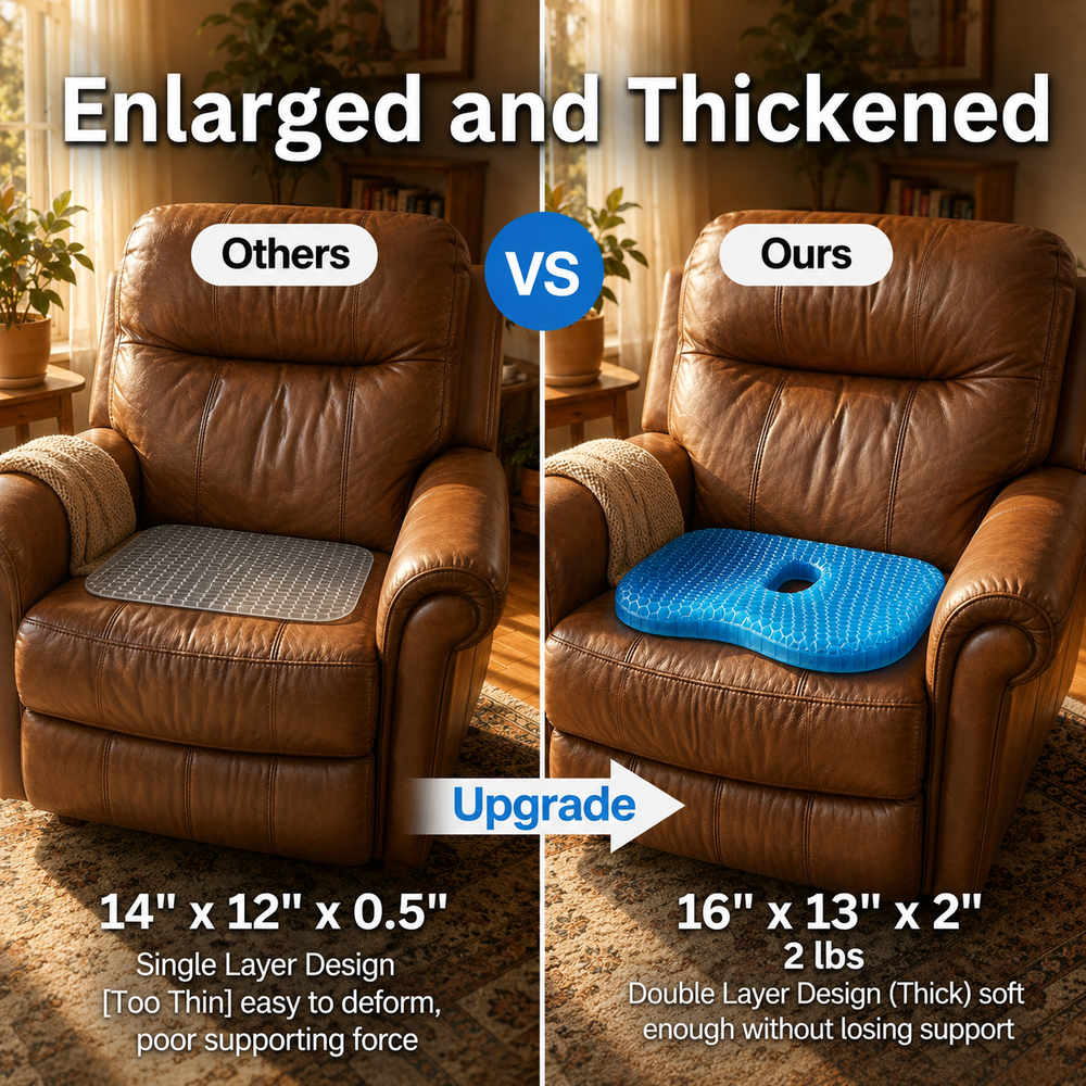 Size comparison: a thin 14 by 12 by 0.5 inch cushion beside the thicker 16 by 13 by 2 inch double-layer Vievanta cushion