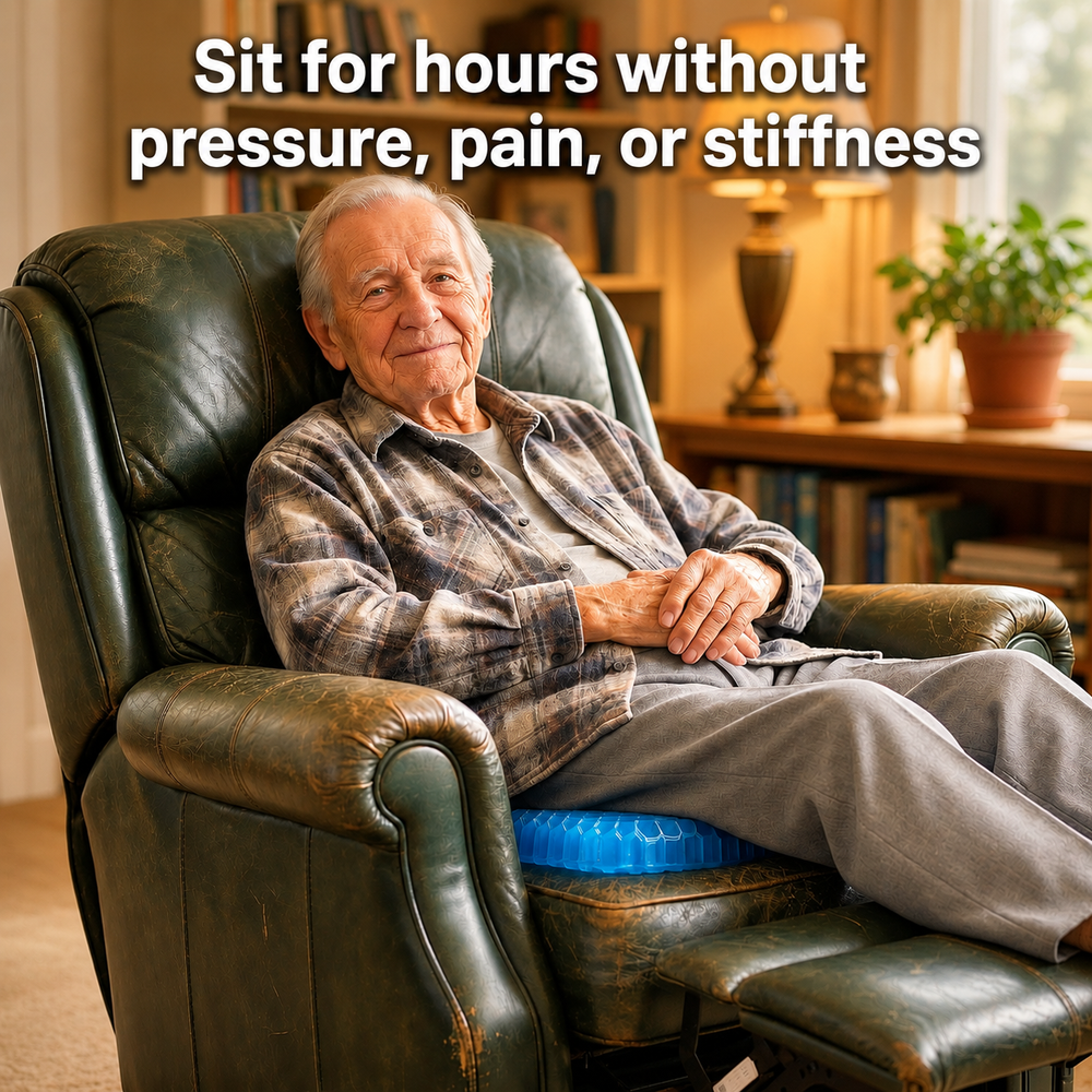 An older man sitting comfortably in a leather recliner using the Vievanta gel seat cushion